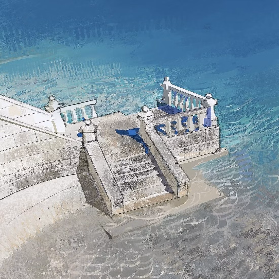 Sketch of stone steps descending into clear water