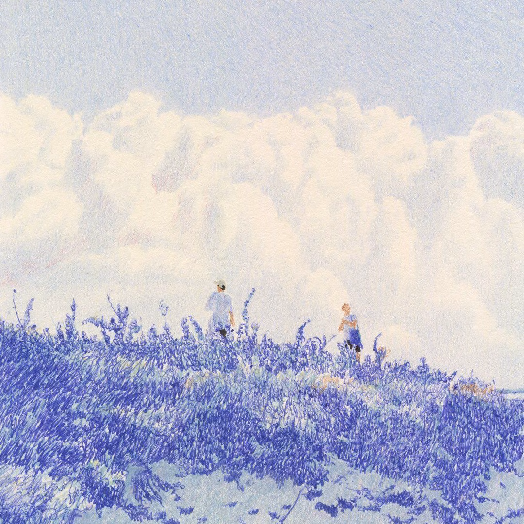 Colored-pencil field of lavender under tall clouds