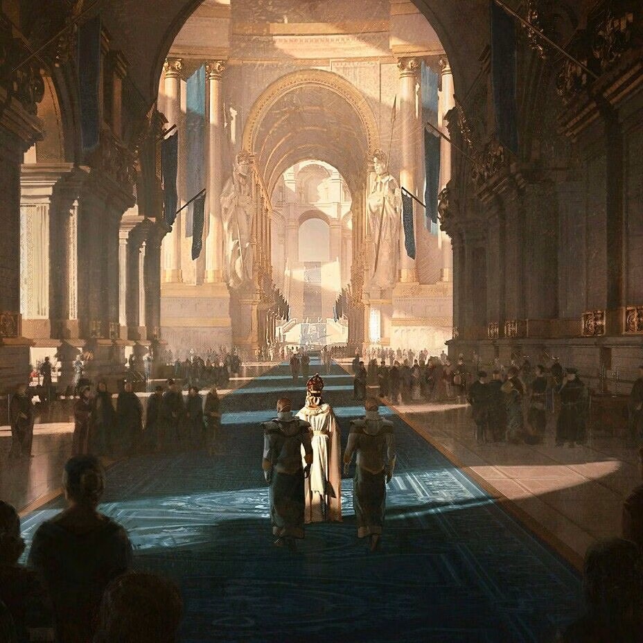 Painterly interior of a vast lit hall